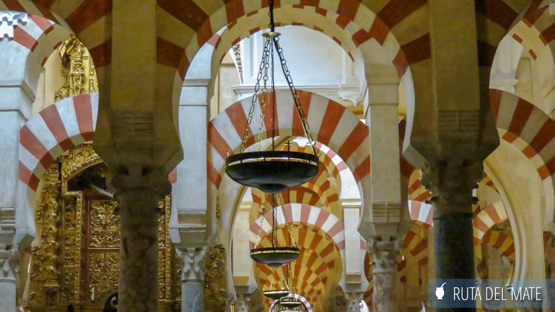 The red and white painted arches in what was once the mosque of Cordoba.