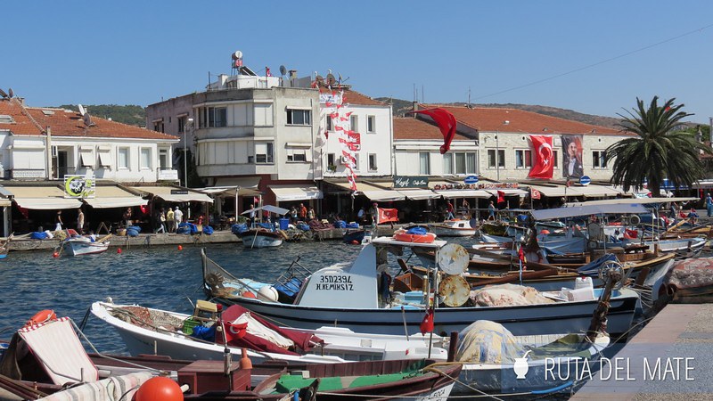 Lanchas de pescadores amarradas en el puerto de Foca y de fondo los locales gastronómicos para comer pescado fresco