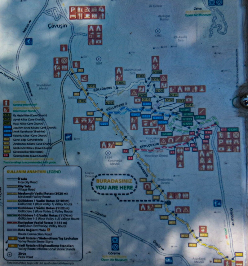 Mapa del valle rojo y el valle Rosa en Capadocia