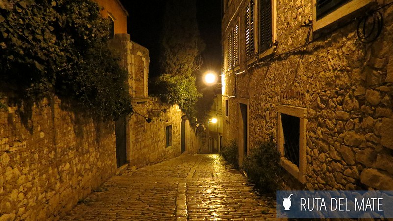 Walking in the narrow cobbled streets of Rovinj's centre at night.