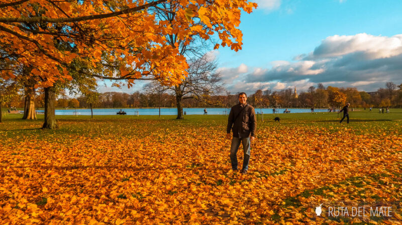 Juan en Hyde Park en Londres, con las hojas de los árboles en el suelo 
