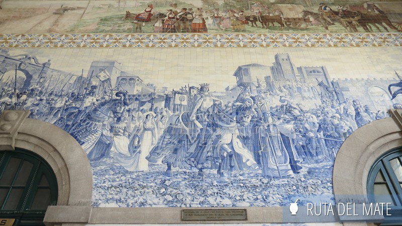 The tiles on the wall of Porto's Sao Bento station, depicting scenes from Portuguese life.