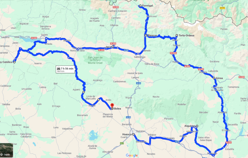 Mapa con la Ruta Pirineo Aragones 7 días 