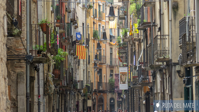 Historic buildings in Girona’s old town with Catalan flags