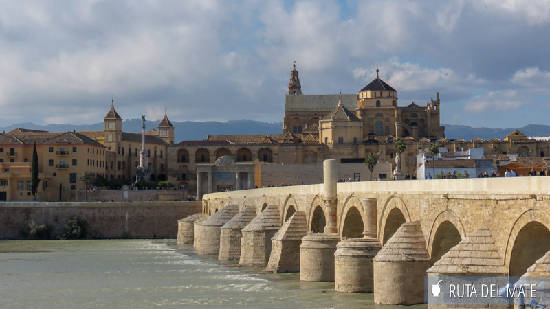 The Roman bridge in the city of Cordoba with the Cathedral in the background.