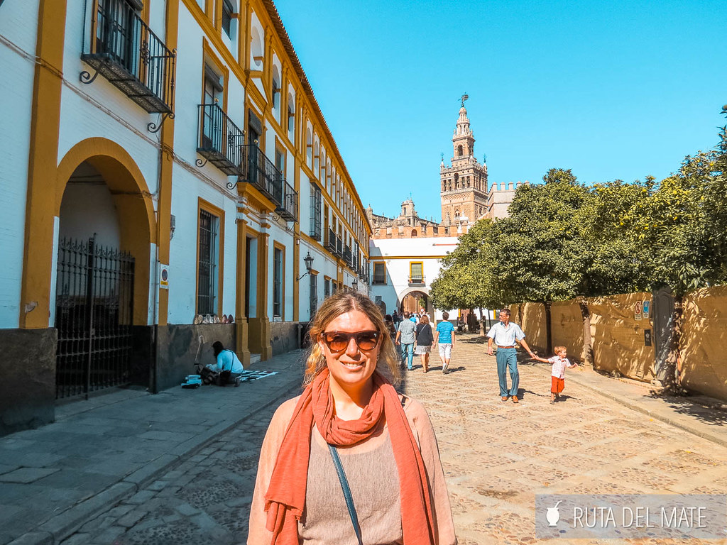 The Patio de las Banderas and in the background La Giralda, one of the places to see in Seville.