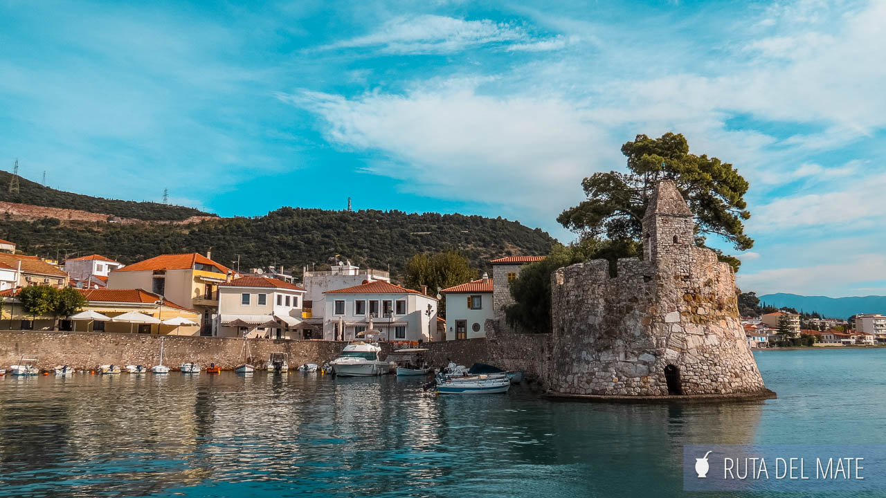 Access to the small walled port of Nafpaktos in Greece
