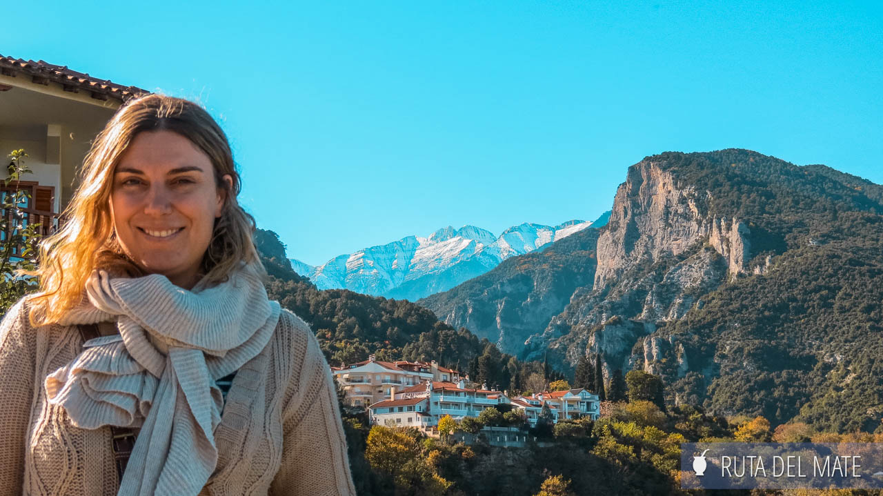 Flor against the backdrop of Mount Olympus on the road trip in Greece
