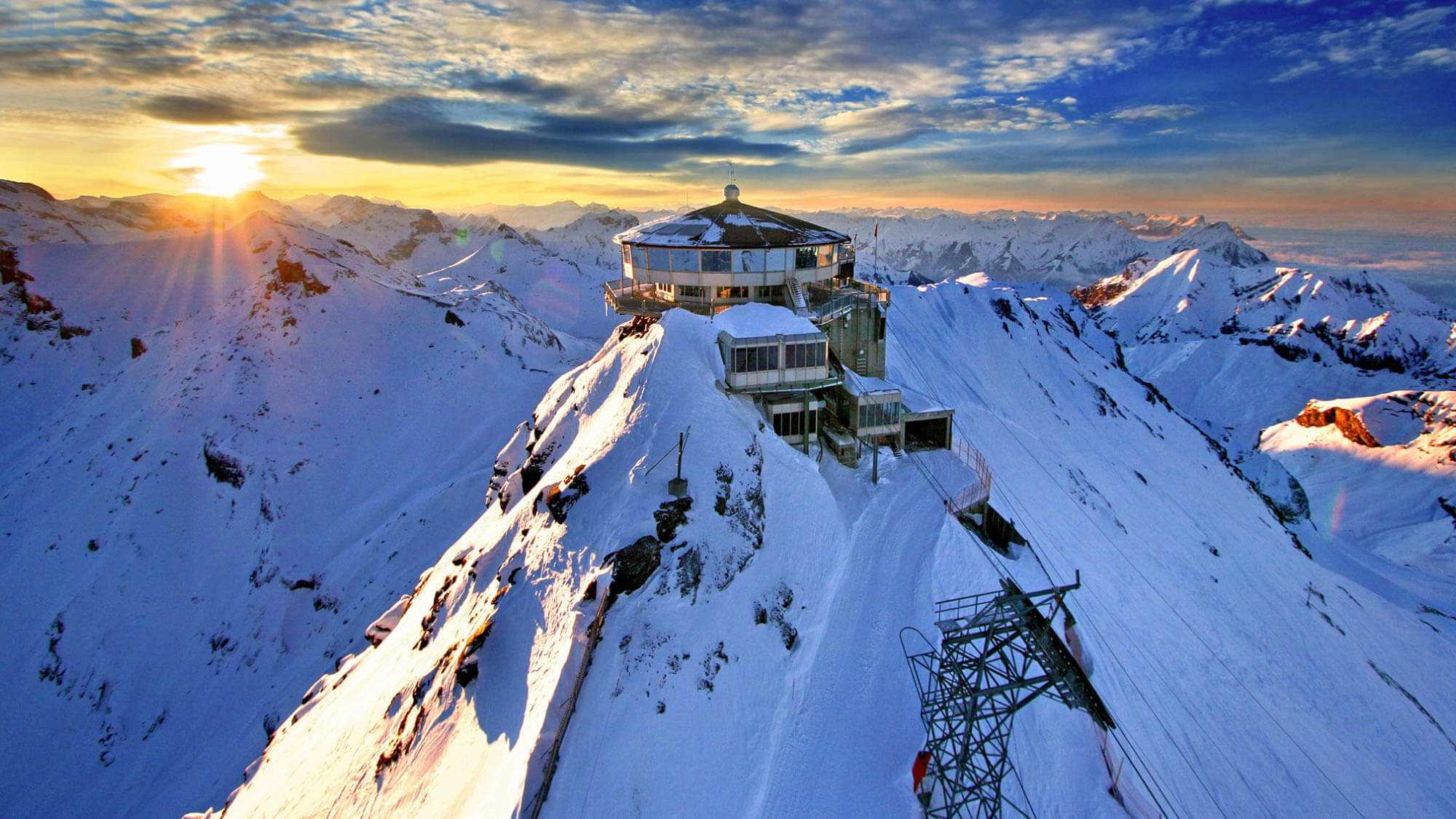 View of the revolving restaurant Piz Gloria on top of the Swiss Alps.