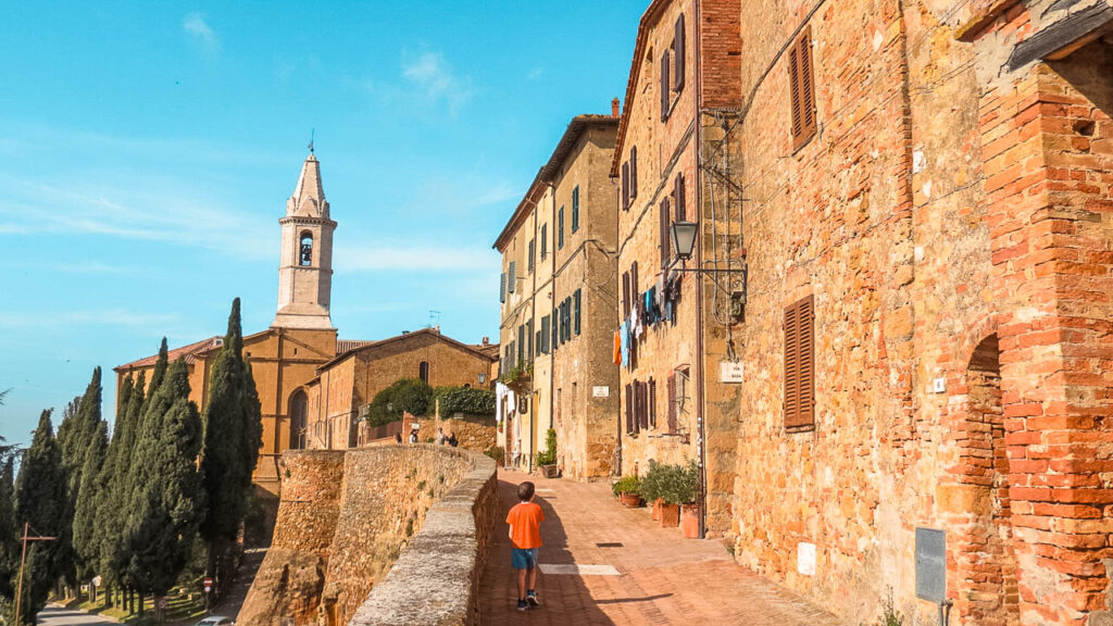 View of the Pienza promenade with its church in the background