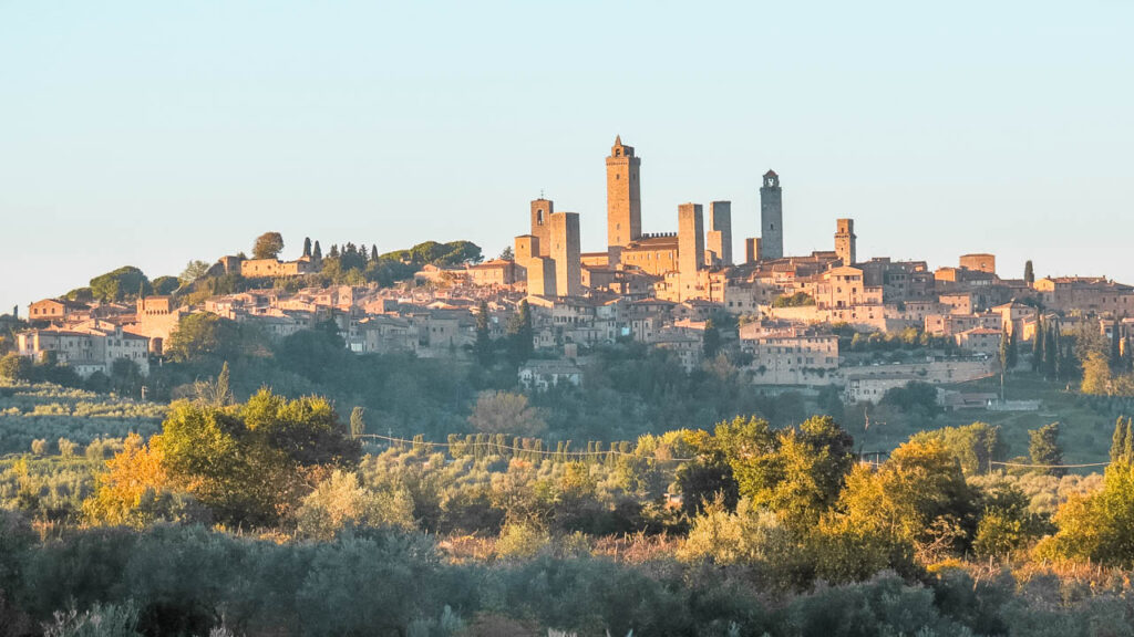 Panoramic view of San Gimignano with its towers at sunset