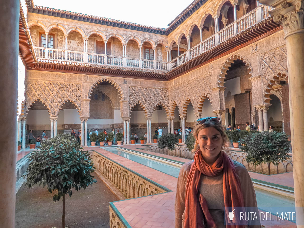 Flor inside the Alcazar of Seville with typical Moorish architecture