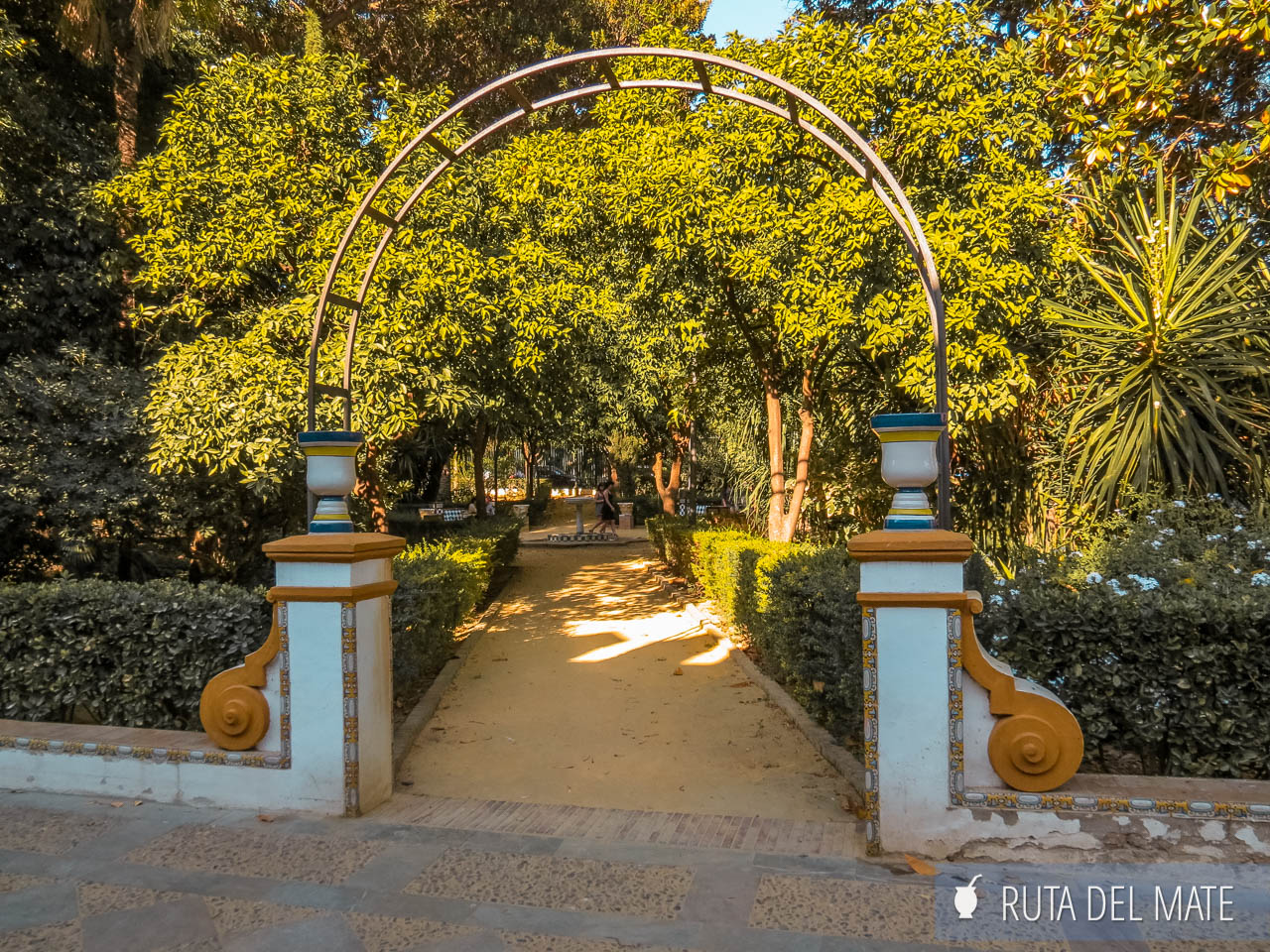 One of the entrances to the Maria Luisa Park with its tall trees.